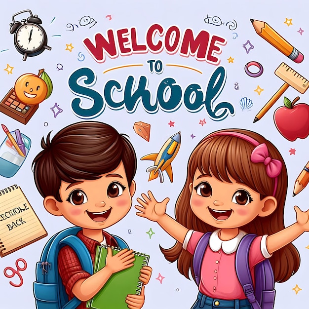 Welcome back to school lettering cheerful boy and girl