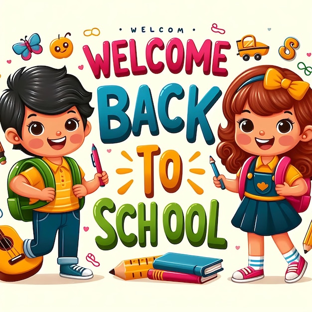 Welcome back to school lettering cheerful boy and girl