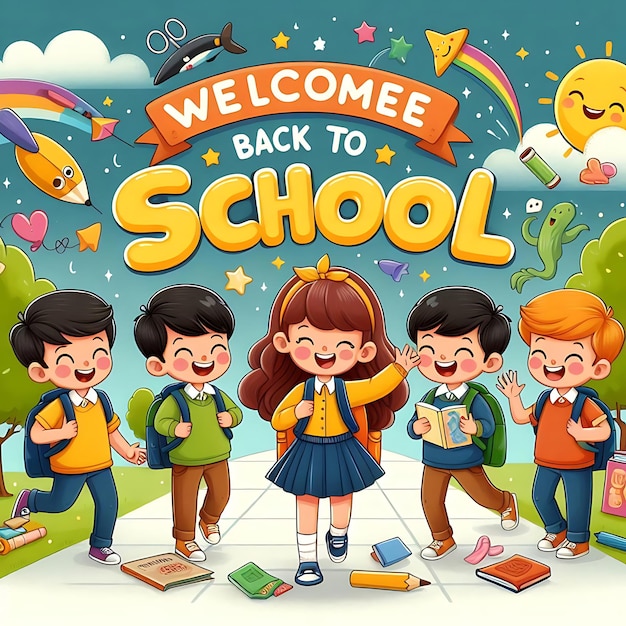 Welcome back to school lettering cheerful boy and girl