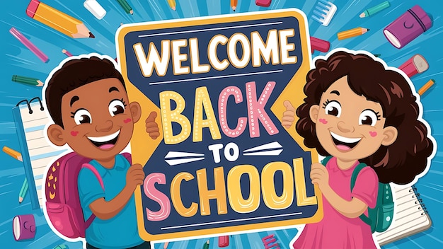 Welcome back to school lettering cheerful boy and girl