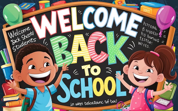 Welcome back to school lettering cheerful boy and girl