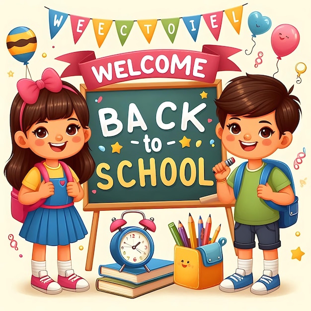 Welcome back to school lettering cheerful boy and girl