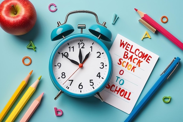 Welcome back to school lettering with alarm clock