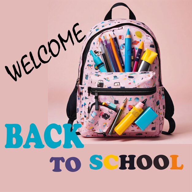 Welcome back to school poster with backpack and stationery