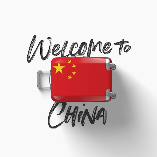 Welcome to china national flag on a travel suitcase d render