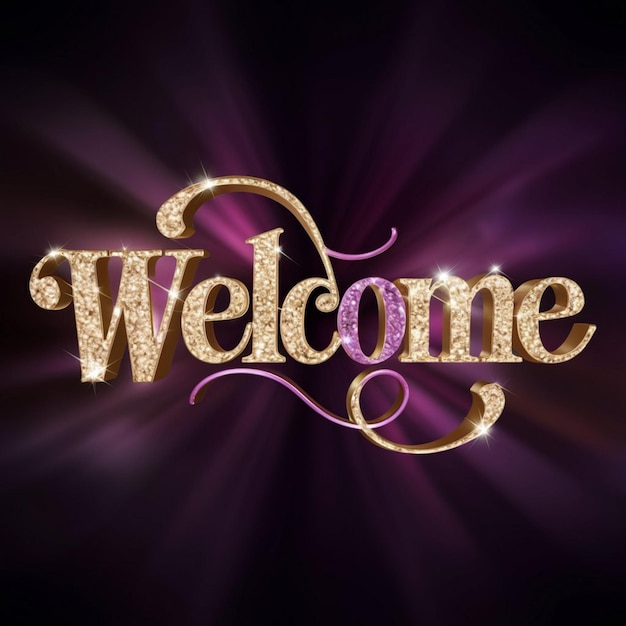 Welcome in luxurious gold purple and pink lettering