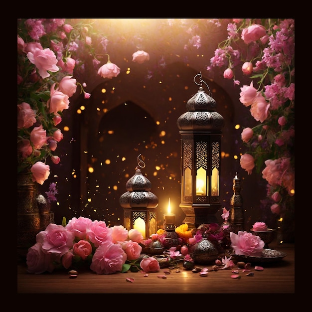 Welcome Ramadan with lots of celebration lamps spreading lights floral pink roses in blue sky