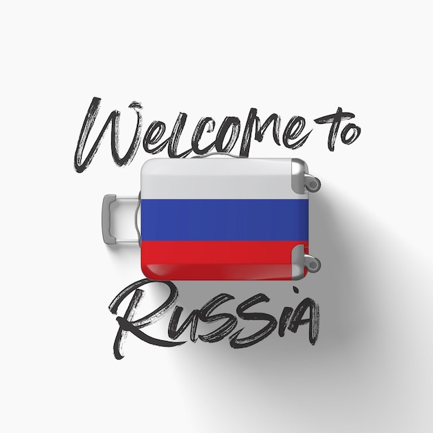 Welcome to russia national flag on a travel suitcase d render