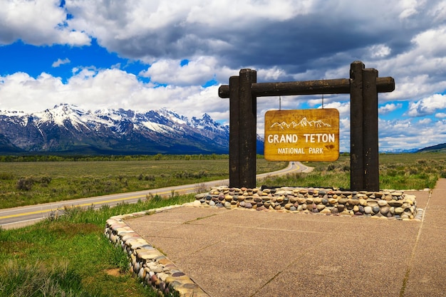 Welcome sign at the entrance to Grand Teton National Park in Wyoming