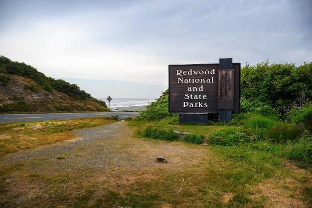 Welcome sign at the entrance to redwood national park in california usa