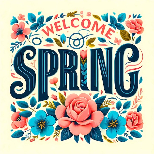 welcome spring lettering creative inscription with rose and blue flowers