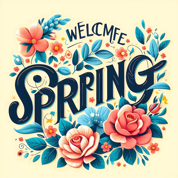 welcome spring lettering creative inscription with rose and blue flowers