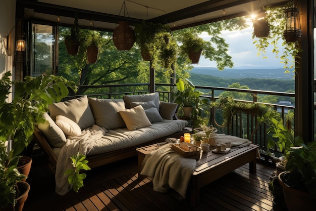 Welcoming balcony with sofa pillows and plants generative IA