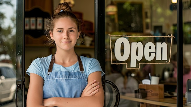 Welcoming Cafe Owner at Door with Open Sign