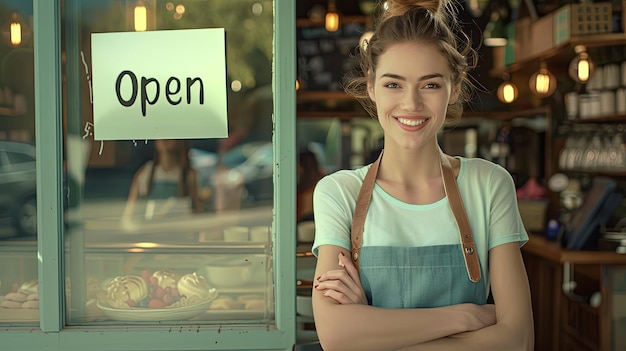 Welcoming Cafe Owner at Door with Open Sign