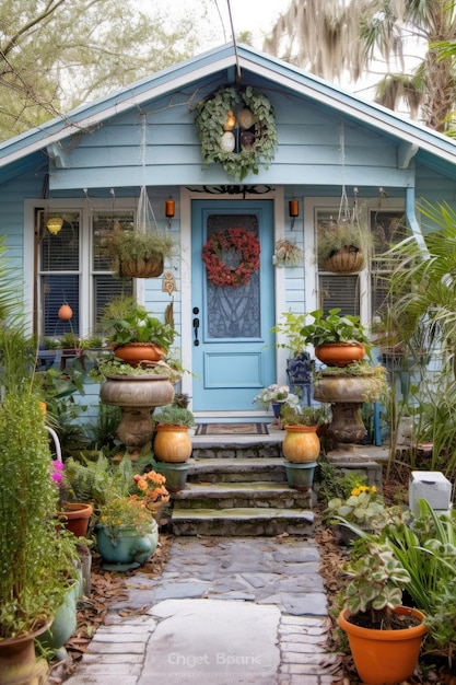 Welcoming front porch with potted plants and door wreath created with generative ai