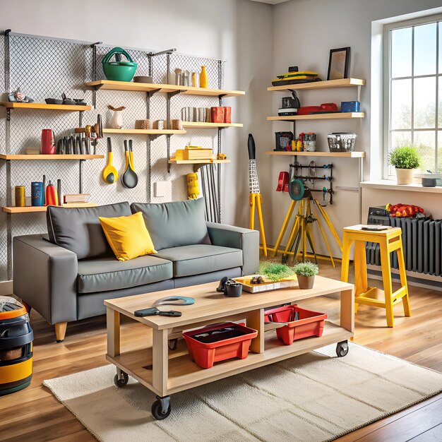 Photo welcoming living room filled with neatly organized tools and equipment