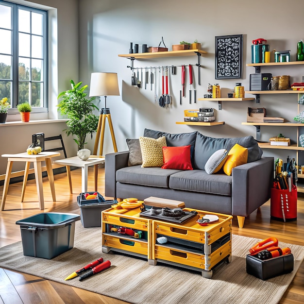 Photo welcoming living room filled with neatly organized tools and equipment