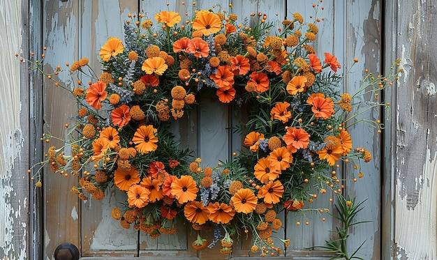 Welcoming Marigold Wreath on Rustic Door transparent background PNG PSD