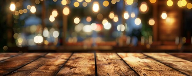 A welcoming vacant wooden tabletop foreground paired with a gentle bokeh of lights against a softly