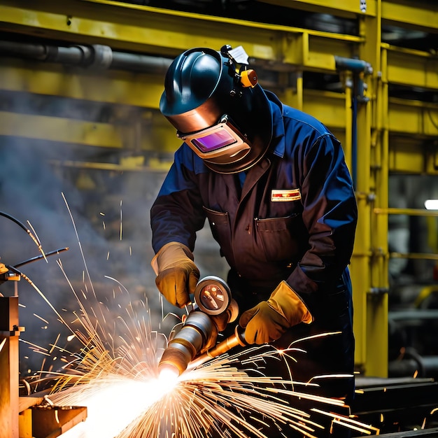 Welder in Action with Acetylene and Oxygen Cutting Torch on Metal