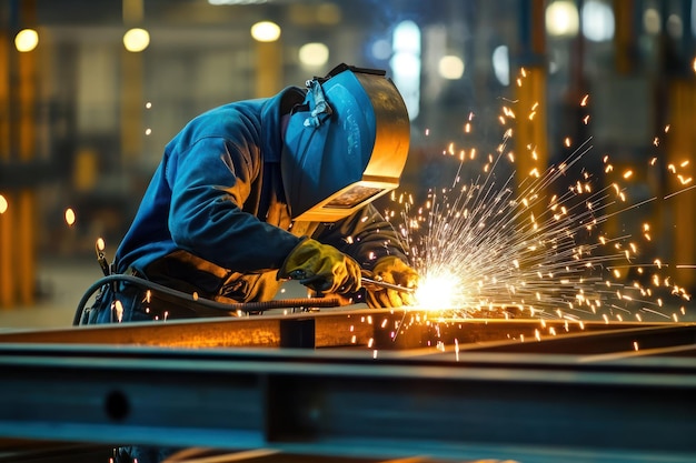 Welder in a factory welding metal with sparks flying