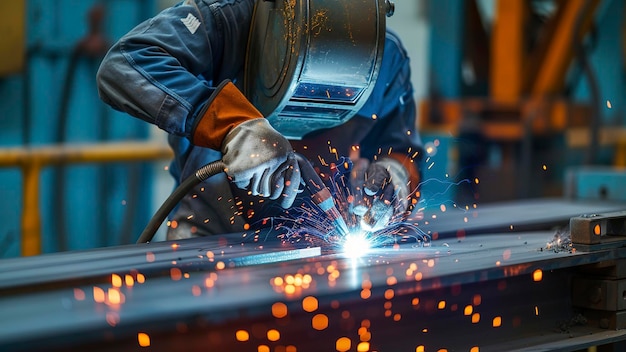 welder is welding in the workstation welder at the workstation welder doing hard work in garage