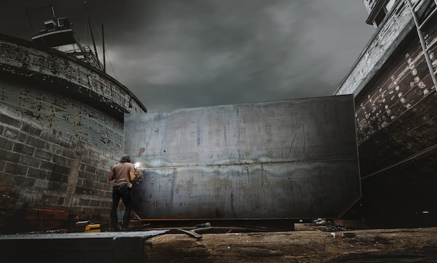 Welder man working in local shipyard.