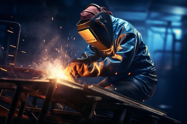 Welder metal industrial worker welding in a factory