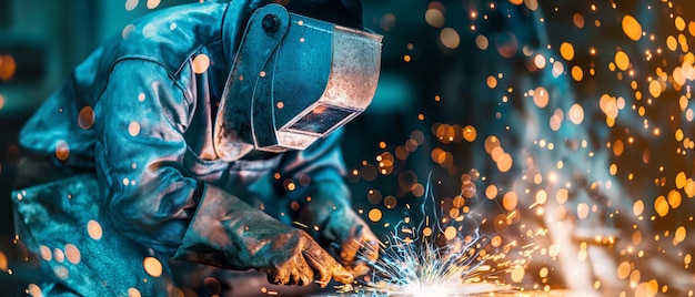 welder in protective gear working with sparks flying focused on their task