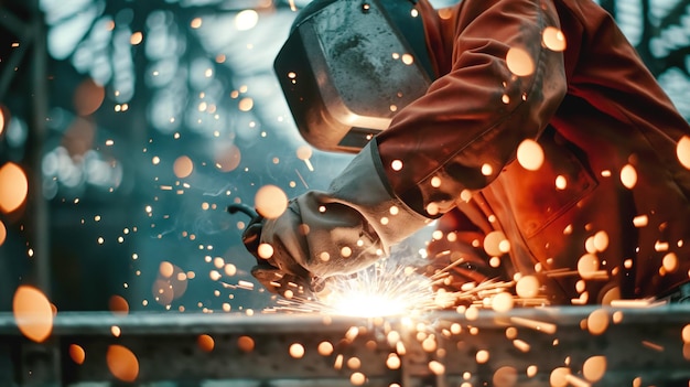 A welder in protective gear working with a welding torch causing sparks and glowing particles in a