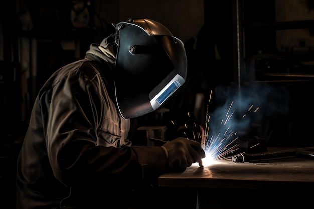 A welder wearing a helmet and a blue mask is welding a piece of metal.