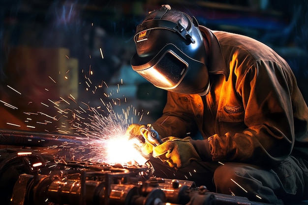 A welder wearing a mask and welding a piece of metal