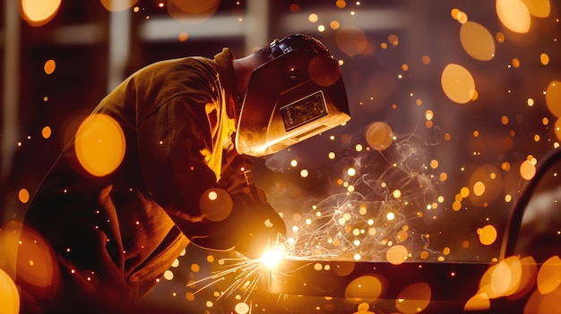 A welder wearing protective gear is working with bright sparks flying in a dimly lit workshop