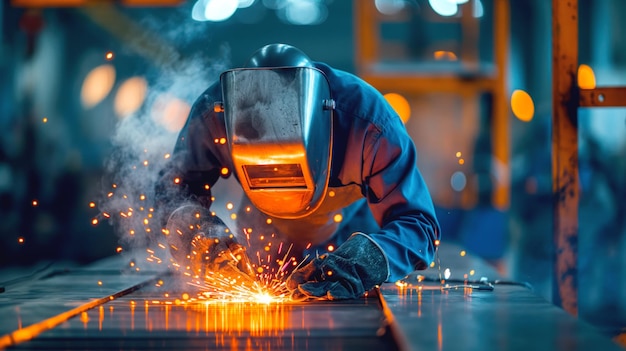 Welder wearing protective gear while performing welding work with sparks flying in an industrial