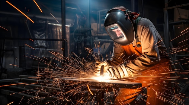 Welder in welding helmet working on metal with sparks in a dark room A masked welder welds parts