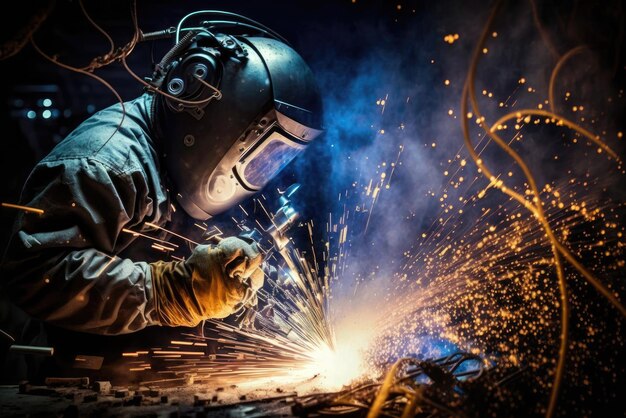 Welder welding metallots of sparks wearing protective weld ai generative