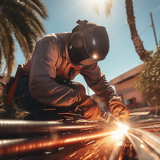 Welder Welding Pipe on Sunny Street