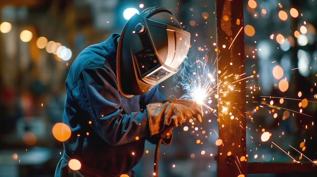 Welder with protective gear working on metal with sparks and bright light in an industrial setting