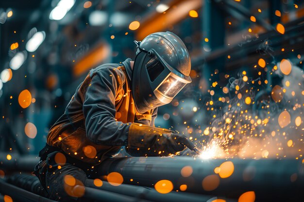 Welder at work in industrial factory welding steel amid sparks Construction and metal manufacture