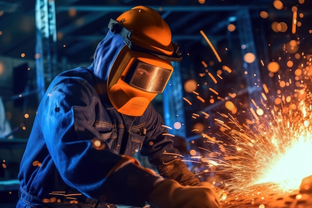 Welder at work wearing protective helmet sparks on dark background Generative AI