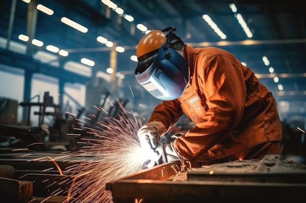 Welder at Work Welding of Metal Parts at Industrial Plant Industrial Worker Using Angle Grinder and Cutting a Metal Tube Manufacturing Metal Structures Generative AI Illustration