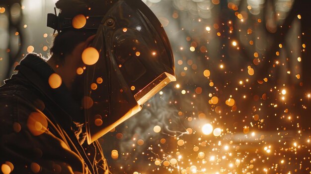 Photo welder at work with sparks flying