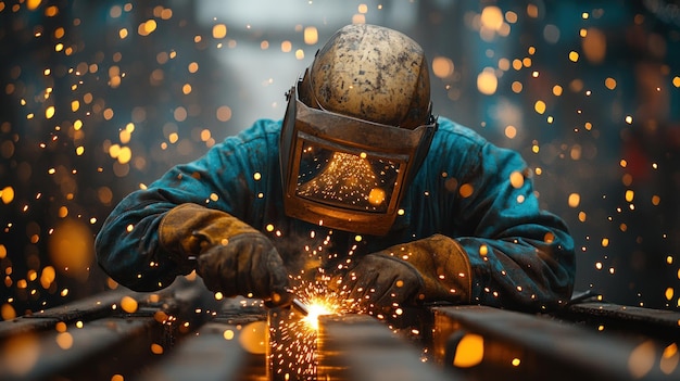 Photo welder at work with sparks flying