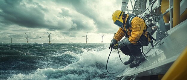 Photo welder working on base of offshore wind farm