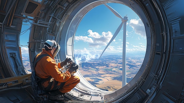 Welder Working Inside a Massive Wind Turbine