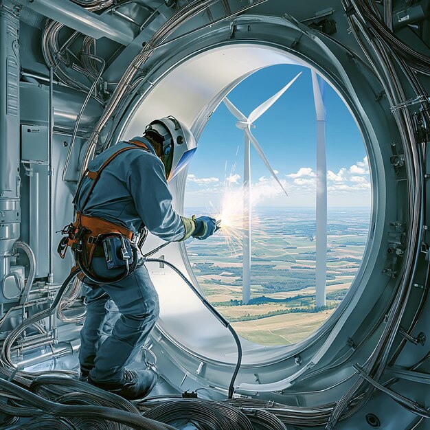 Welder Working Inside a Massive Wind Turbine