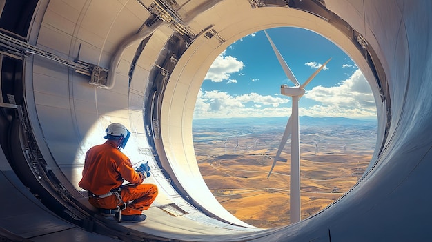 Photo welder working inside a massive wind turbine