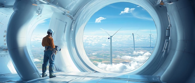 Photo welder working inside a massive wind turbine