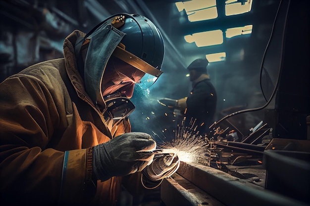 Welder working in a metal factory The welder is wearing a welding maskgenerative ai